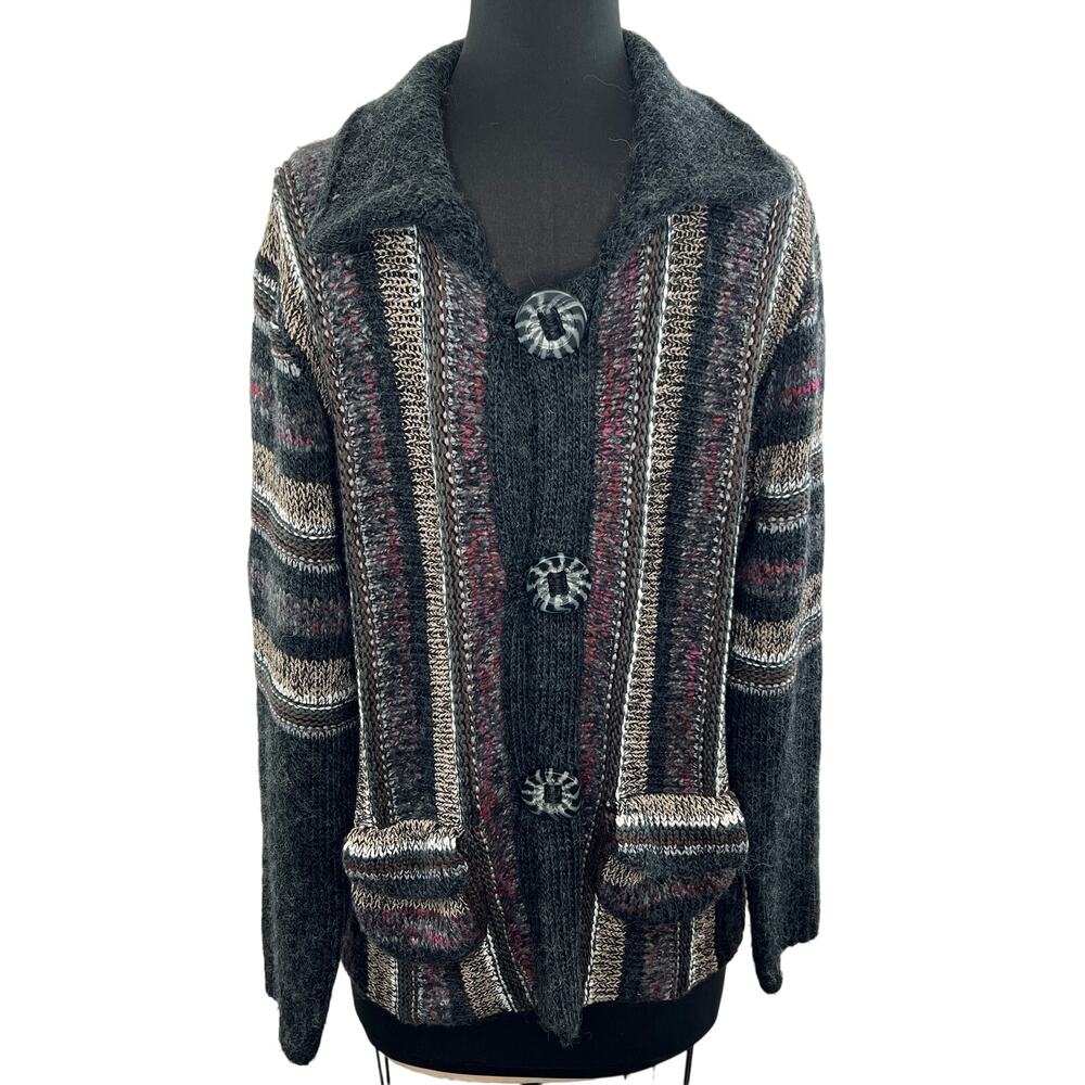 TIVOLI Of Ireland Gray Red Button-Down Cardigan Oversized Collar & Pocket Sz XL
